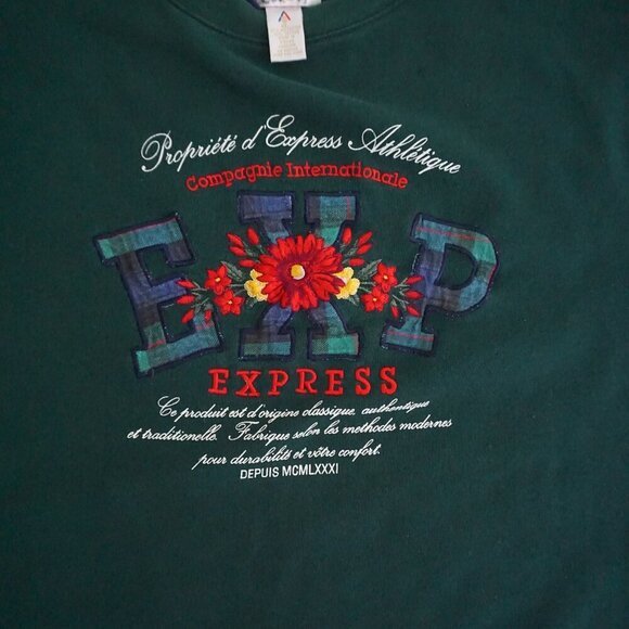 Vtg '90S Express Hunter Green Navy Embroidered Floral Cotton Crewneck Sweater XL - Picture 3 of 8